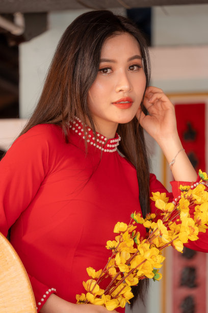 越南女孩穿着敖黛服装站在越南传统的房子里。照片中的文字代表着对家人、幸福、成功、健康的美好祝愿。春节和新年。图片下载