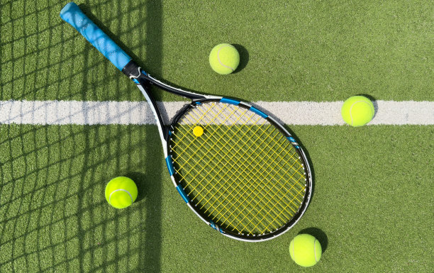 硬地球场上的宏观网球和球拍。背景中模糊的网。图片下载