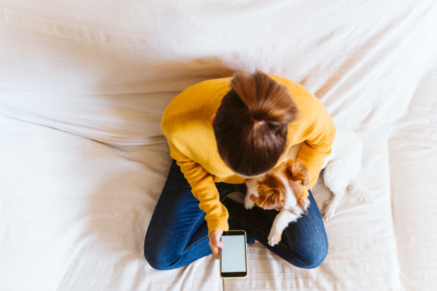 正上方是一个女人用智能手机和小狗坐在床上的照片图片下载