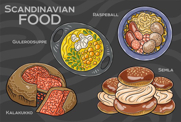流行的斯堪的纳维亚菜肴套餐。手绘矢量插图。图片下载