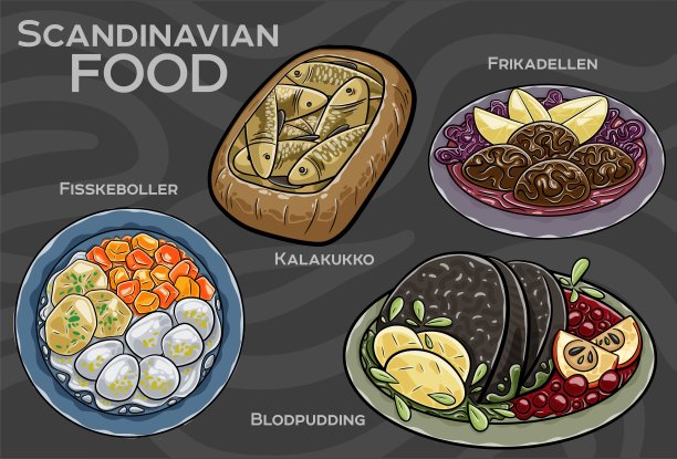 流行的斯堪的纳维亚菜肴套餐。手绘矢量插图。图片下载