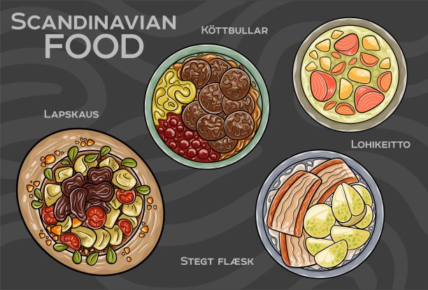 流行的斯堪的纳维亚菜肴套餐。手绘矢量插图。图片下载