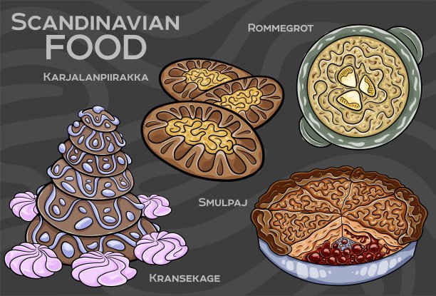 流行的斯堪的纳维亚菜肴套餐。手绘矢量插图。图片下载