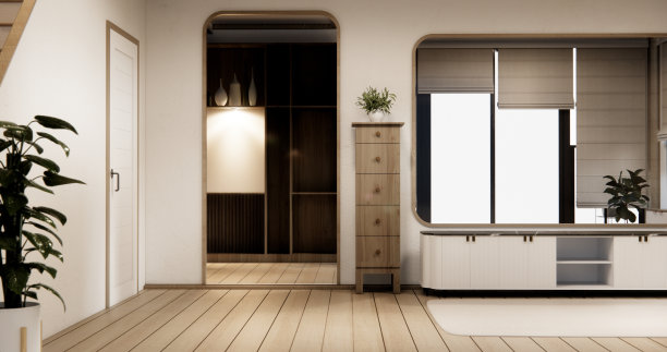 橱柜上的空房间配有装饰物、灯具、植物、地毯图片下载