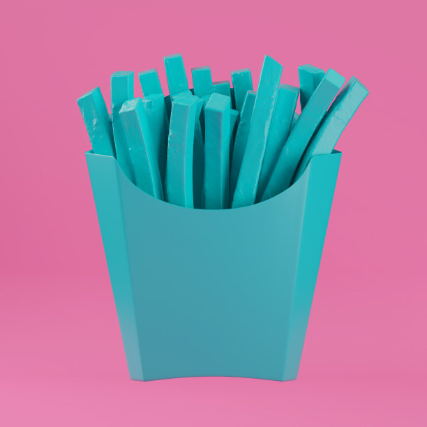 蓝色薯条在空白纸桶在双色风格。3d渲染图片下载