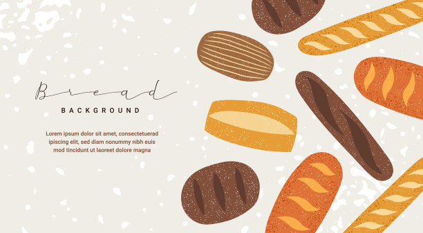 现代背景搭配新鲜出炉的面包。全谷物，大米，小麦面包，意大利面包，法棍面包。复古风格纹理插图。矢量设计模板的广告，横幅，封面，标签，海报。图片下载