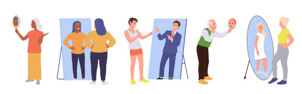 不同的人对着镜子里的卡通人物感受积极和消极的情绪图片下载