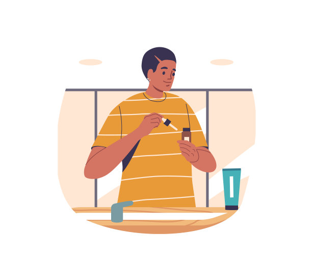 卡通年轻人在浴室应用面部精华液作为他的日常护肤程序的一部分，卡通矢量插图图片下载