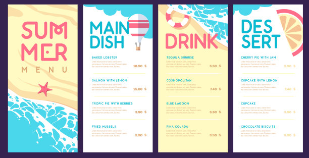 夏季菜单设计与顶视图海浪，沙滩和海星。矢量图图片下载