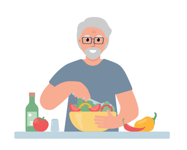 快乐的老人在做沙拉。高级男性性格与素食餐。图片下载