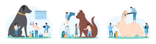 宠物医疗检查在兽医医院设置，小人检查猫和狗的健康图片下载