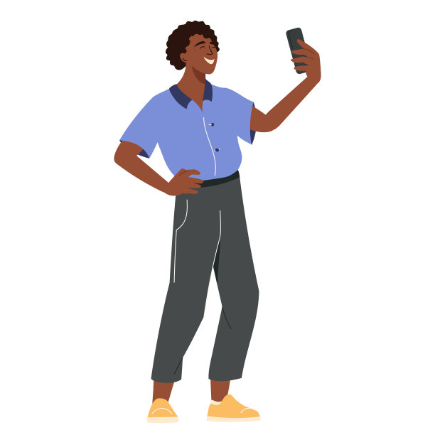 非洲裔美国学生使用手机自拍或进行视频通话的扁平矢量插画图片下载