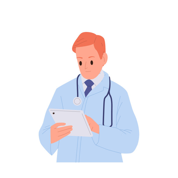 医生字符使用移动平板电脑检查病人档案医疗卡矢量插图图片下载