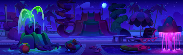 夜晚夏季水上乐园与滑梯和游泳池卡通图片下载