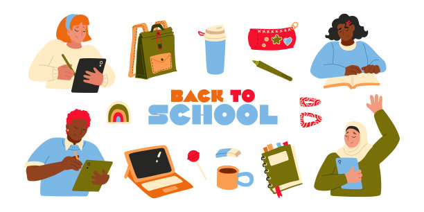 返校学生手绘矢量插画集教育在线学习阅读书学校和课程图片下载