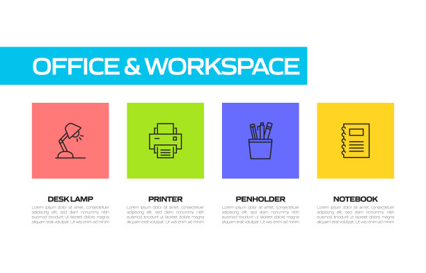 办公室和工作区简单的线条图标集。采购产品桌子，工作场所，电脑，椅子，灯，家具，笔记本电脑，共同工作图片下载