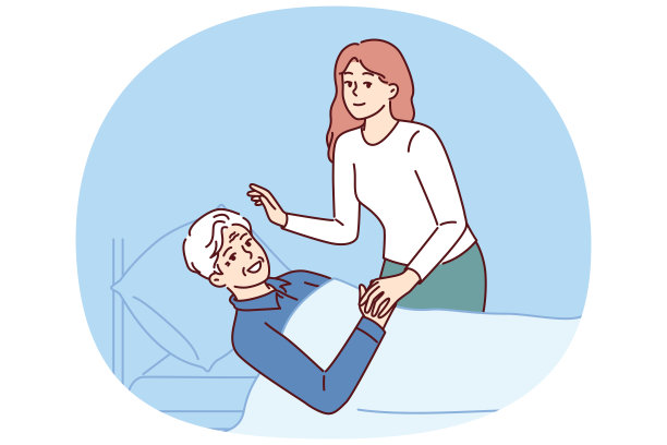 女儿看望卧床不起的父亲，照顾手术后住院的白发老人图片下载