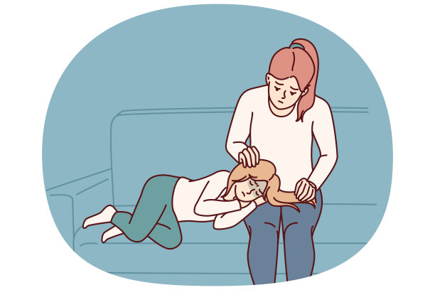 妈妈照顾着躺在地上的生病的女儿，她需要流感或感冒的药图片下载