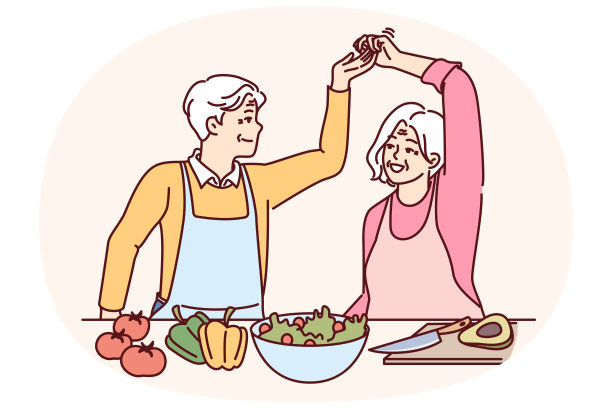 一对老夫妇一起做饭跳舞，提倡健康的生活方式图片下载