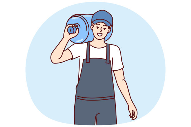 往办公室送饮用水的男搬运工肩上有一瓶用于冷却器的水图片下载