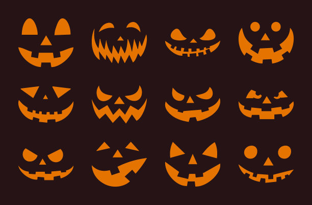 万圣节南瓜脸轮廓系列。幽灵杰克灯笼图标。令人毛骨悚然和恐怖的表情。十月派对恐怖插画集。矢量剪贴艺术隔离的固体背景。图片下载