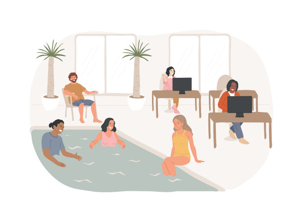 办公室游泳池孤立的卡通矢量插图。图片下载