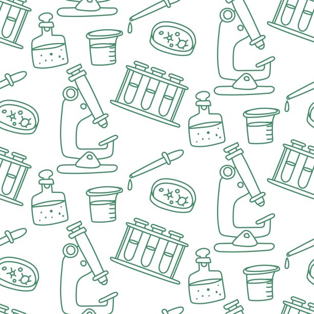 图案涂鸦科学生物学。生物学的纹理。回到学校，上生物课。本课受试者为试管、显微镜、移液器、白底液图片下载