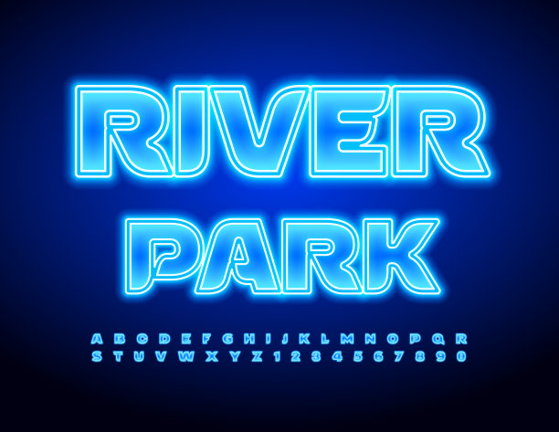 矢量发光标志河公园。蓝色电子字母和数字集图片下载