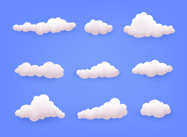 白色3d云设置孤立的蓝色背景。天气预报现实符号向量集。3D网络矢量插图。图片下载