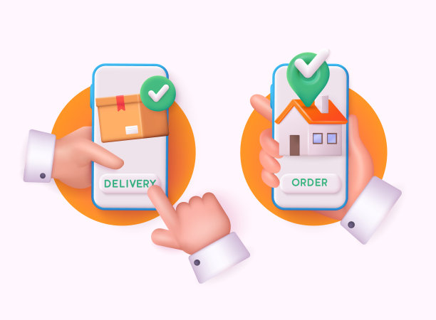 客户持有带有交付应用程序的电话。带有复选标记的盒子和带有pin的房子。3D网络矢量插图。图片下载