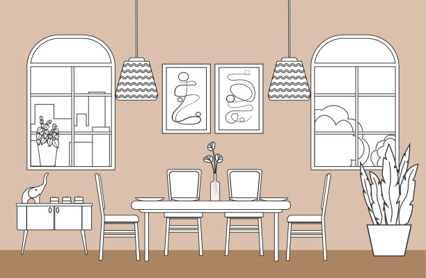 餐厅内部的草图。大窗户，桌子和椅子，盘子。观赏植物。图片下载
