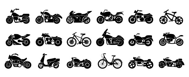 黑色摩托车图标。摩托车和自行车作为运动和交通工具。扁平交付运输，孤立的城市自行车如今向量集图片下载