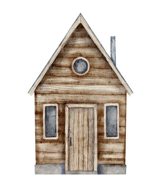 木屋水彩插画。在孤立的背景上绘制带有烟囱的乡村小屋。手工绘制的老木屋。乡村建筑设计。森林小屋的艺术图片下载