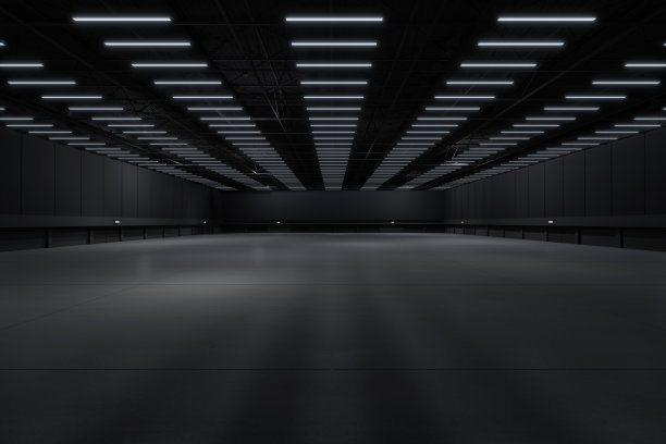 展览中心空厅。大房间。展台、摊位、市场、贸易展的背景。活动、会议的对话。用于娱乐、活动、运动的场所。工厂室内，陈列室。3 d渲染。图片下载