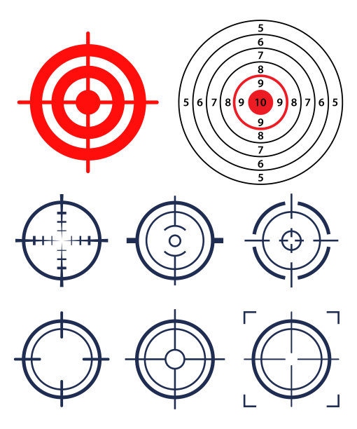 瞄准再瞄准，瞄准再瞄准。目标或瞄准符号。军用步枪瞄准镜，射击标记。向量。图片下载