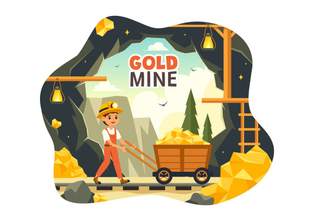 金矿矢量插图与采矿业活动具有宝藏，成堆的硬币，珠宝和宝石在平面风格的卡通背景图片下载