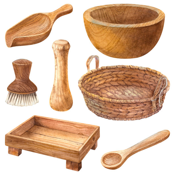 一套木制厨具元素篮子，托盘，碗，勺子，勺子，杵，刷。手绘水彩插图孤立的背景。用于打印菜单，卡片，标签，包装的剪贴画图片下载