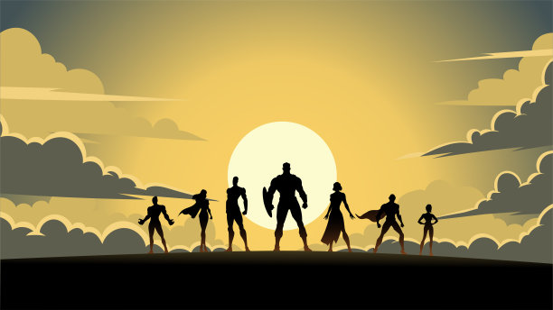 矢量超级英雄团队轮廓下的云在黄昏股票插图图片下载