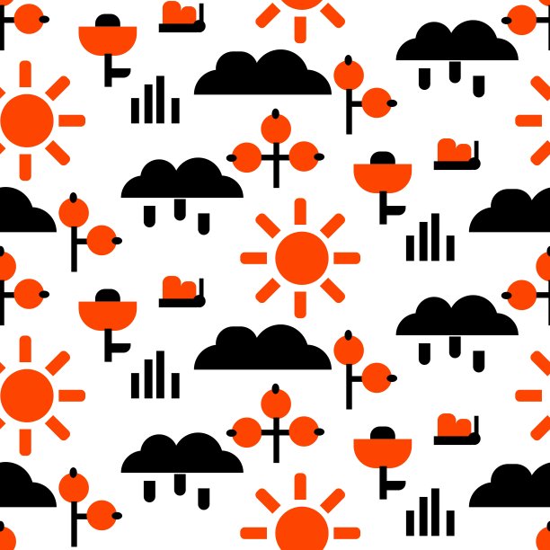 夏季图案与几何平面物体。矢量无缝图案与夏天的心情。几何符号的春天主题太阳，云，浆果，蝴蝶，草，雨，花。简约图片下载