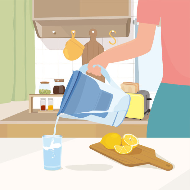 一个女人在往杯子里倒淡水。图片下载