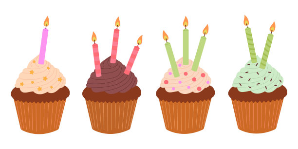 一套节日纸杯蛋糕，生日，节日蜡烛。矢量插图在一个白色的背景。手绘涂鸦平面风格。图片下载