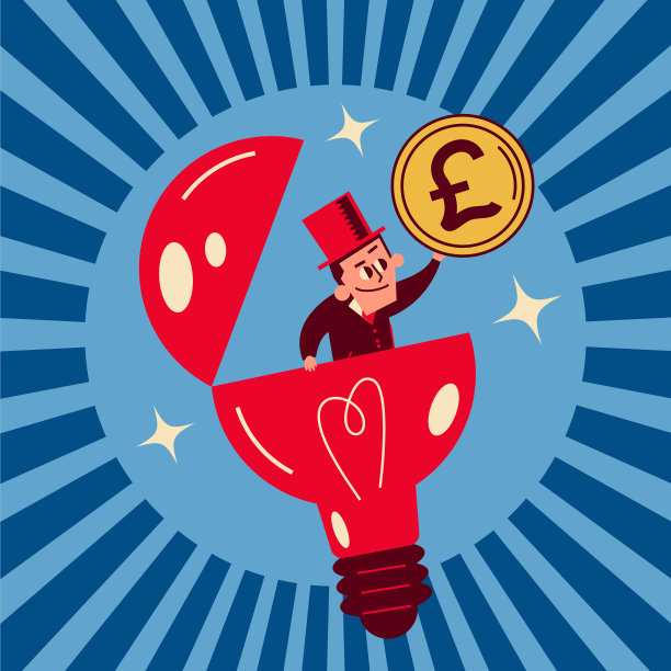 从打开的灯泡中出现并展示金币的商人图片下载