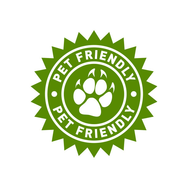 宠物友好徽章，图标，标签，邮票，印记，贴纸与动物爪印和宠物友好的文字图片下载