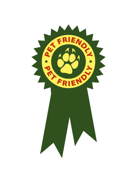 宠物友好徽章与丝带-矢量图标，标签，邮票，印记，贴纸与动物爪印和宠物友好的文字图片下载