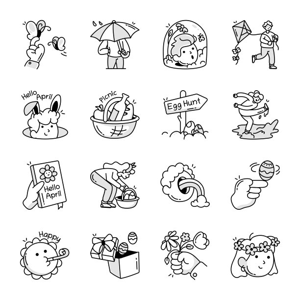 收集16个可爱的四月涂鸦图标图片下载