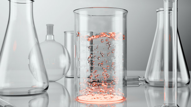 带有沸腾液体的玻璃烧杯，水在实验室烧瓶中开始沸腾，蒸汽从顶部逸出，猎鹰或药水或厄伦梅尔，试管，加热水，科学实验，3d渲染图片下载