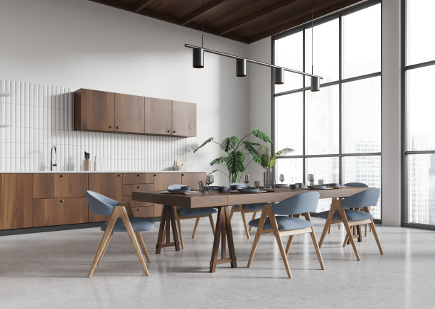 家庭厨房内部配有餐桌和厨柜，全景窗图片下载