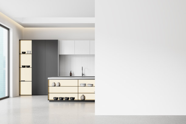 白色家庭厨房内部带酒吧岛，带窗户的橱柜。模型墙图片下载