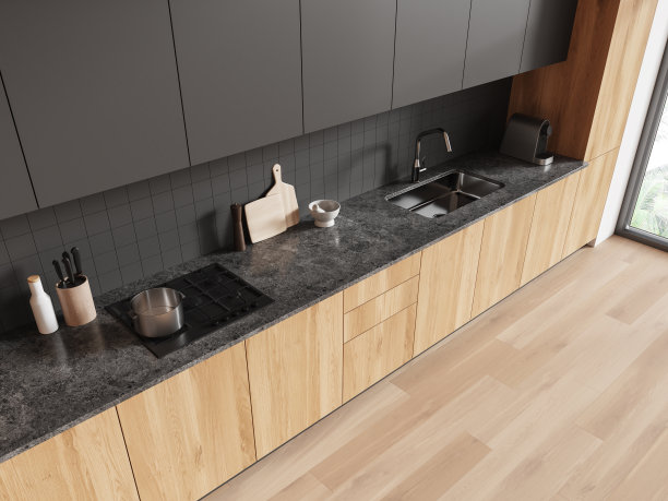 现代厨房内部的俯视图，设有烹饪角和全景窗户图片下载