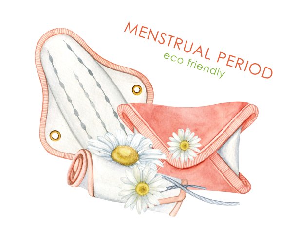 月经卫生日设计环保餐巾纸，邀请庆祝。月经卫生手绘水彩插画设计。卫生巾，棉质卫生棉条图片下载